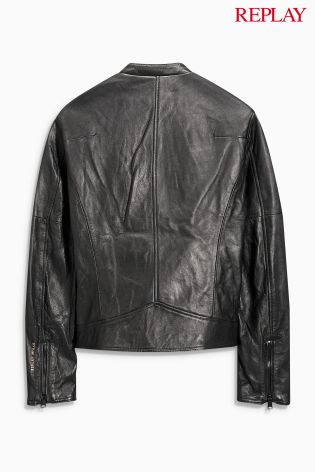 Black Replay&reg; Real Leather Biker Jacket